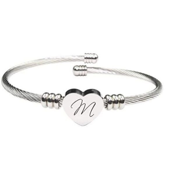NEW SILVER Letter A Bracelet Cable Bangle with Rotating Heart, Adjustable - Picture 3 of 3